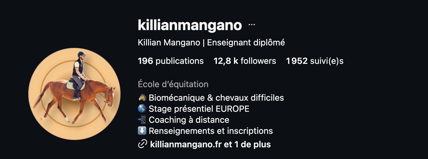 Capture du profil Instagram de Killian : 12,8 k followers, enseignant diplômé