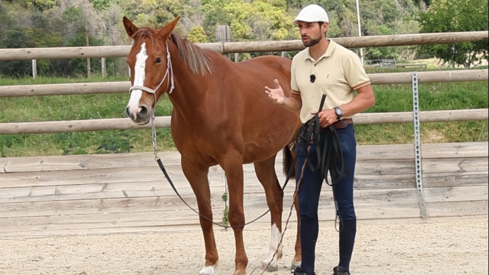 Killian explique un exercice à côté d'un cheval alezan